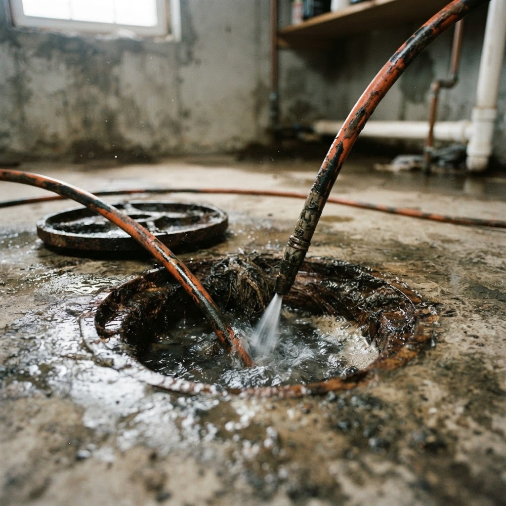 Drain opening being re-cleared with a jetter