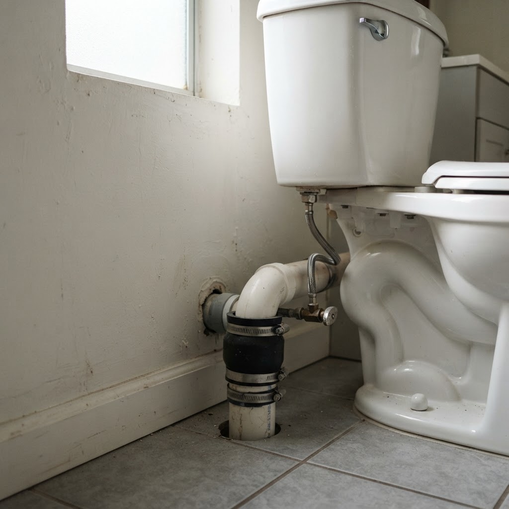 Toilet and visible sewer pipe connection