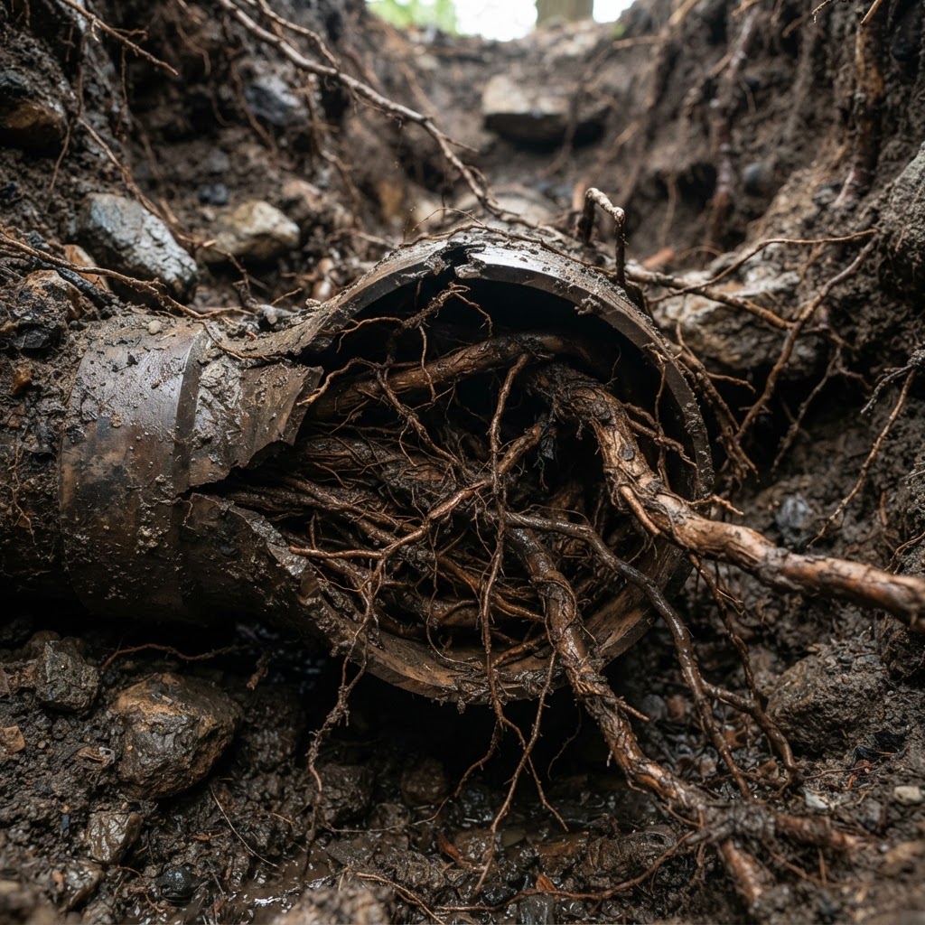 Tree roots growing into an underground stormwater pipe