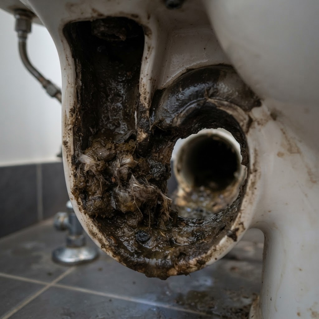 Blocked toilet trap and sewer pipe
