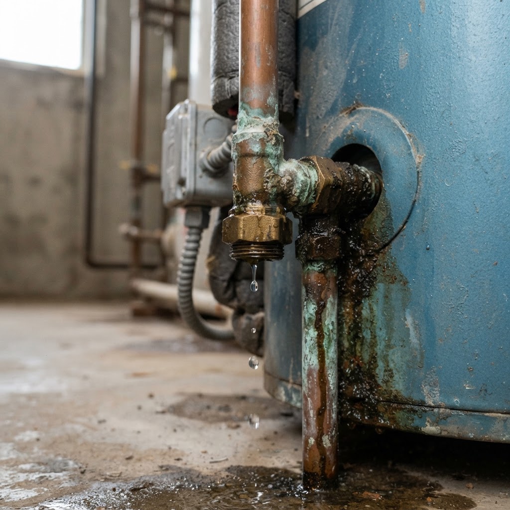 Water leaking from a pipe connection at a hot water tank