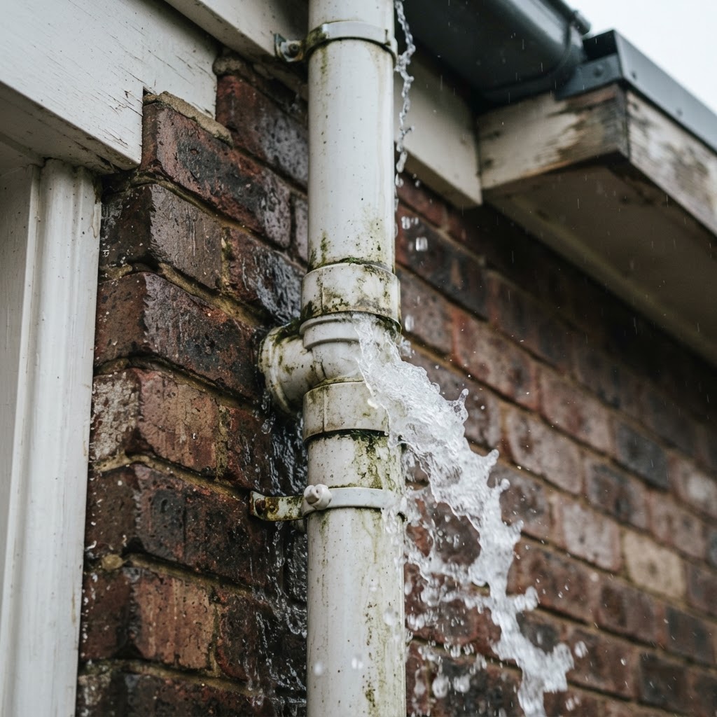 Downpipe with water backing up and overflowing