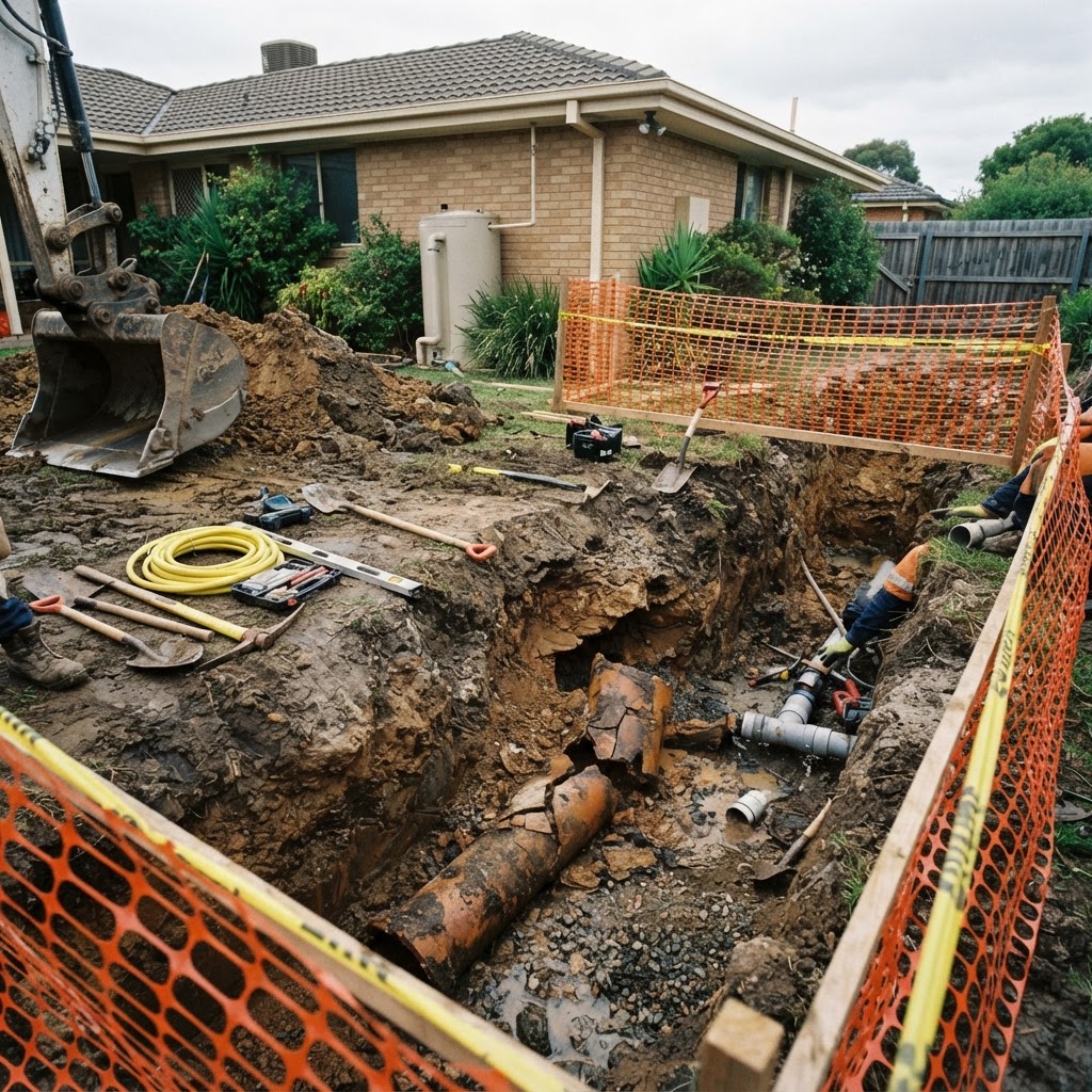 Excavation of a collapsed underground sewer pipe — costly repair