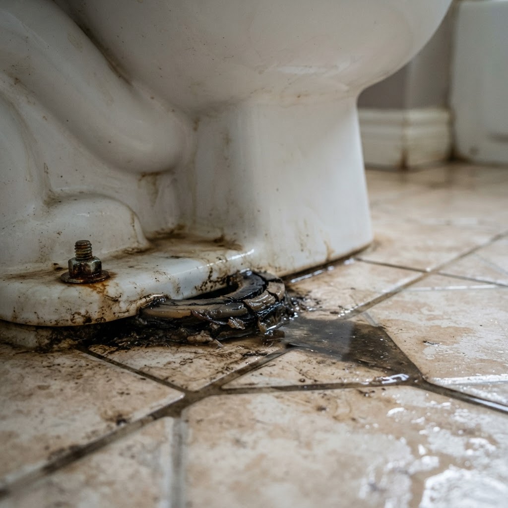 Failed wax seal at the base of a toilet with water seeping