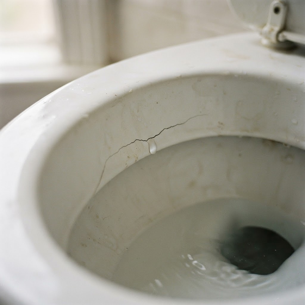 Hairline crack in a white ceramic toilet pan