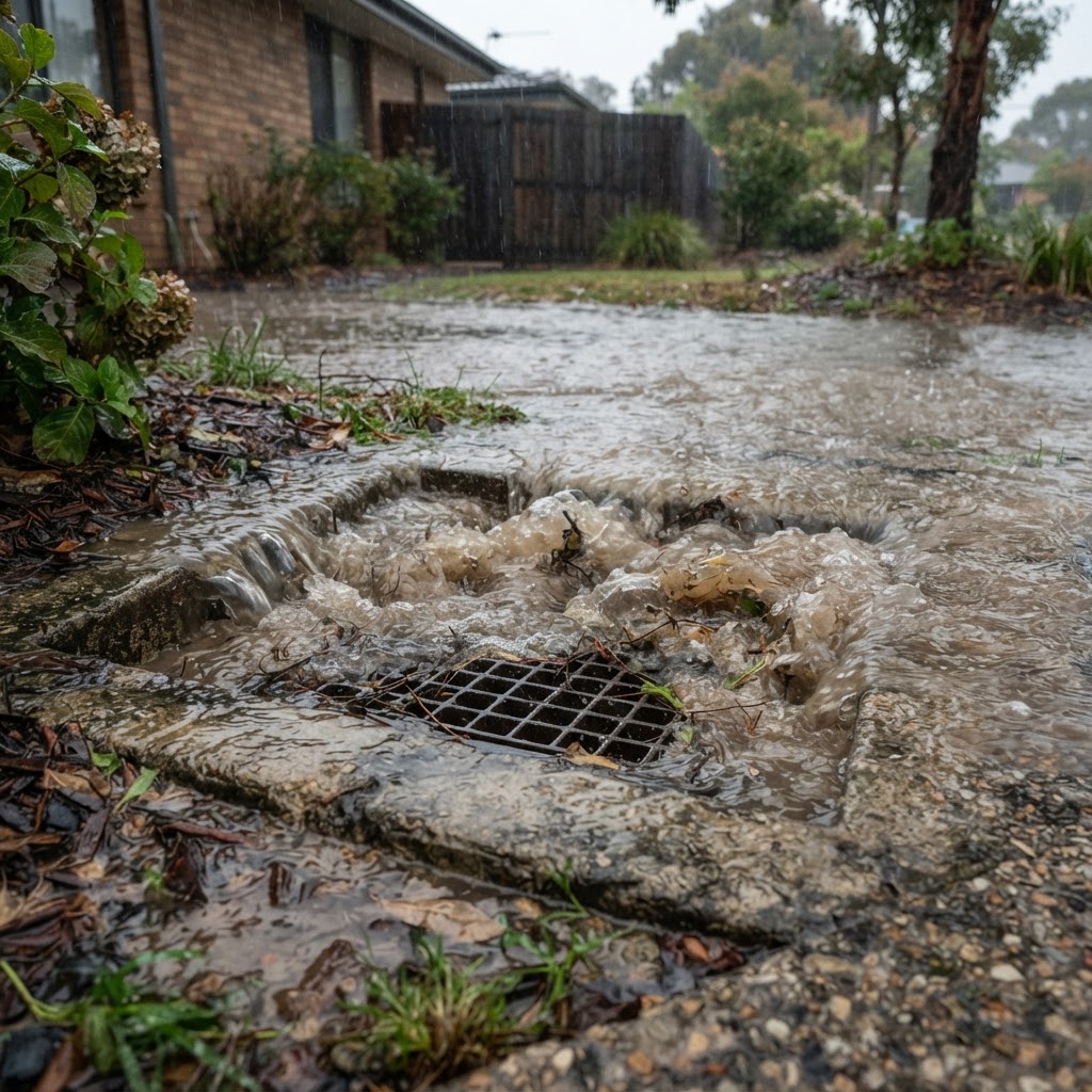 Stormwater pit overflowing with muddy water