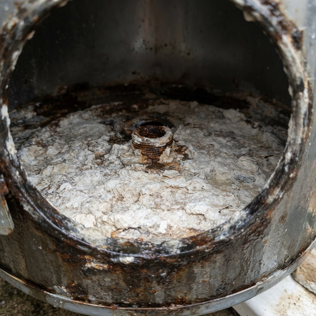 Sediment and limescale build-up inside an electric hot water tank