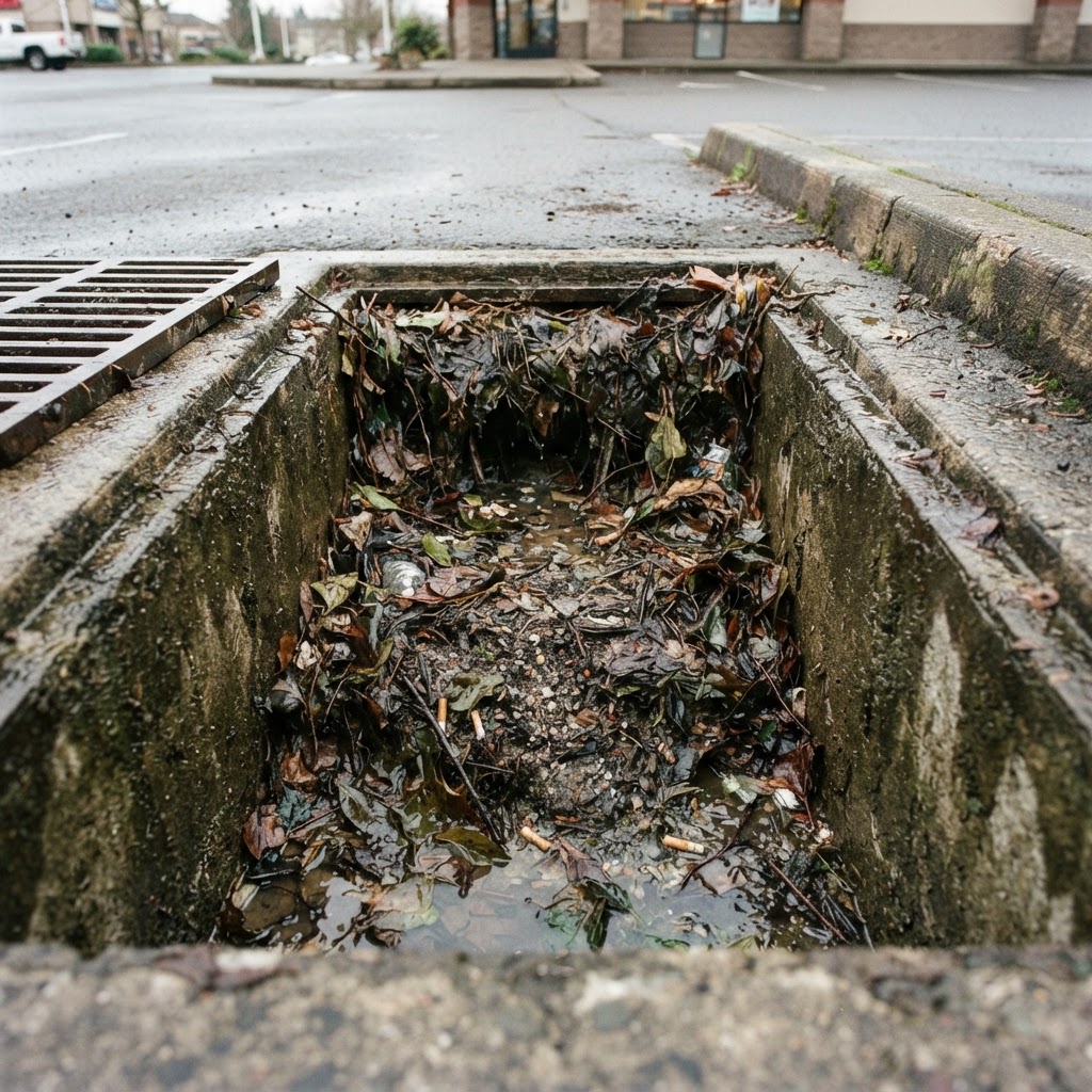 Stormwater pit filled with sediment, leaves and debris