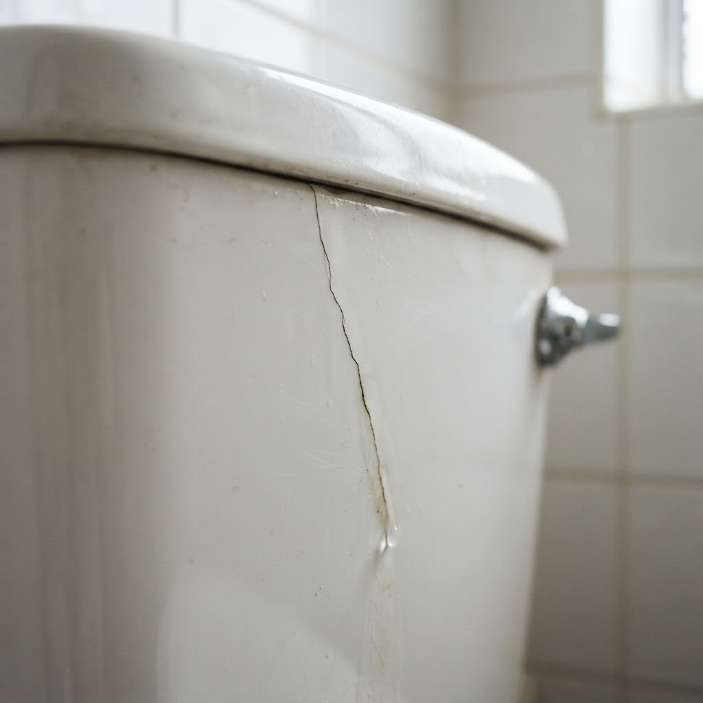 Hairline crack in a white ceramic toilet cistern
