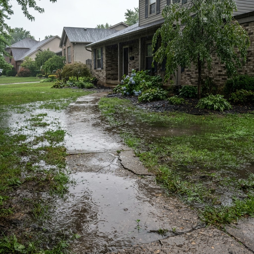 Water pooling across a residential yard after rain