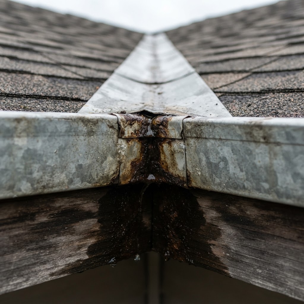 Leaking box gutter joint with water seeping at the seam