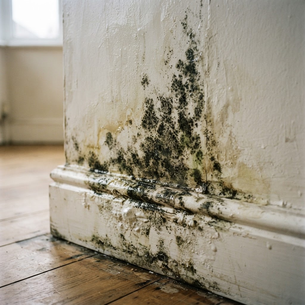 Black mould and mildew on a damp wall