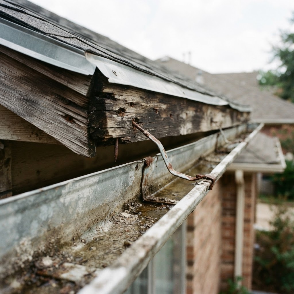 Sagging gutter pulling away from a fascia board