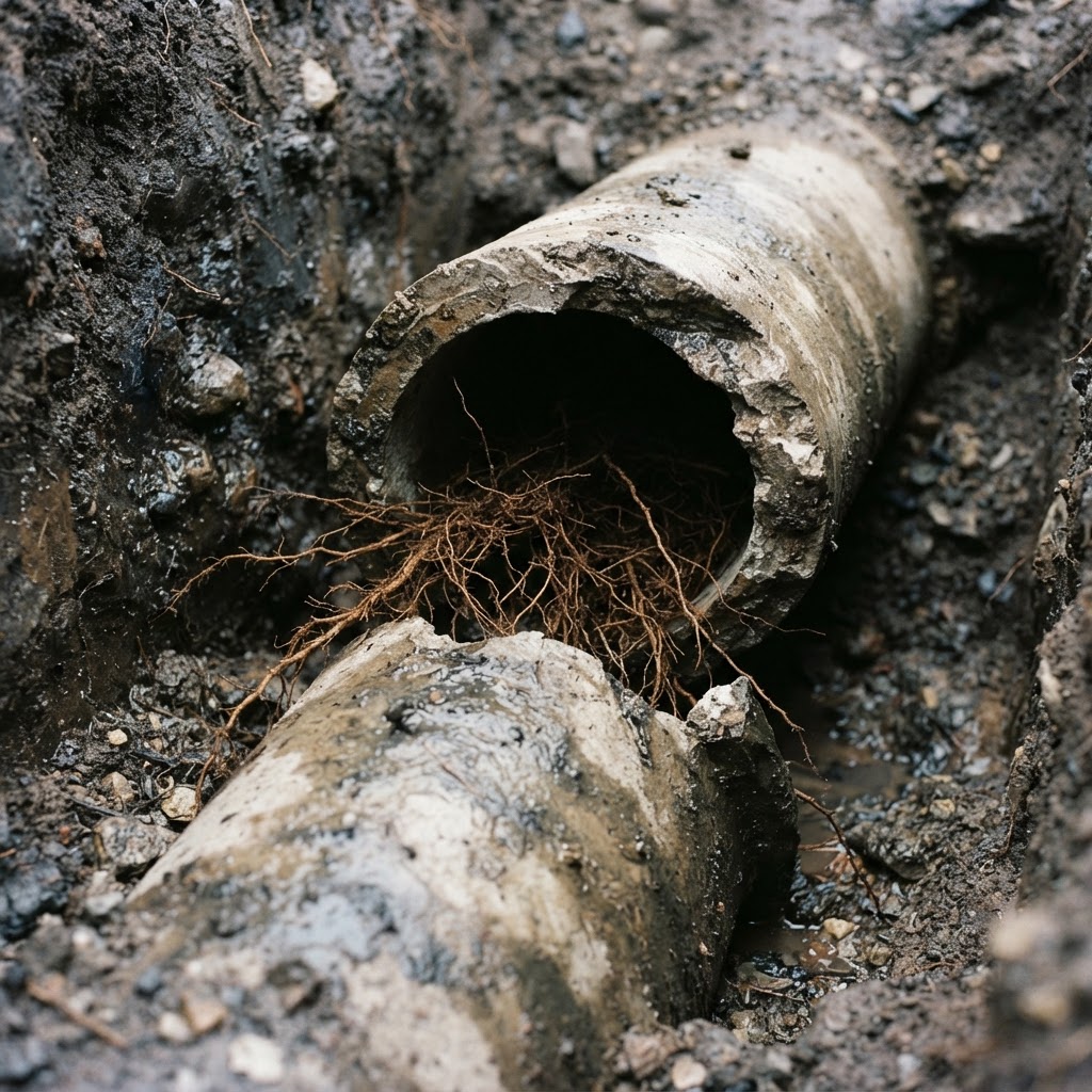 Misaligned offset sewer pipe joints with a gap