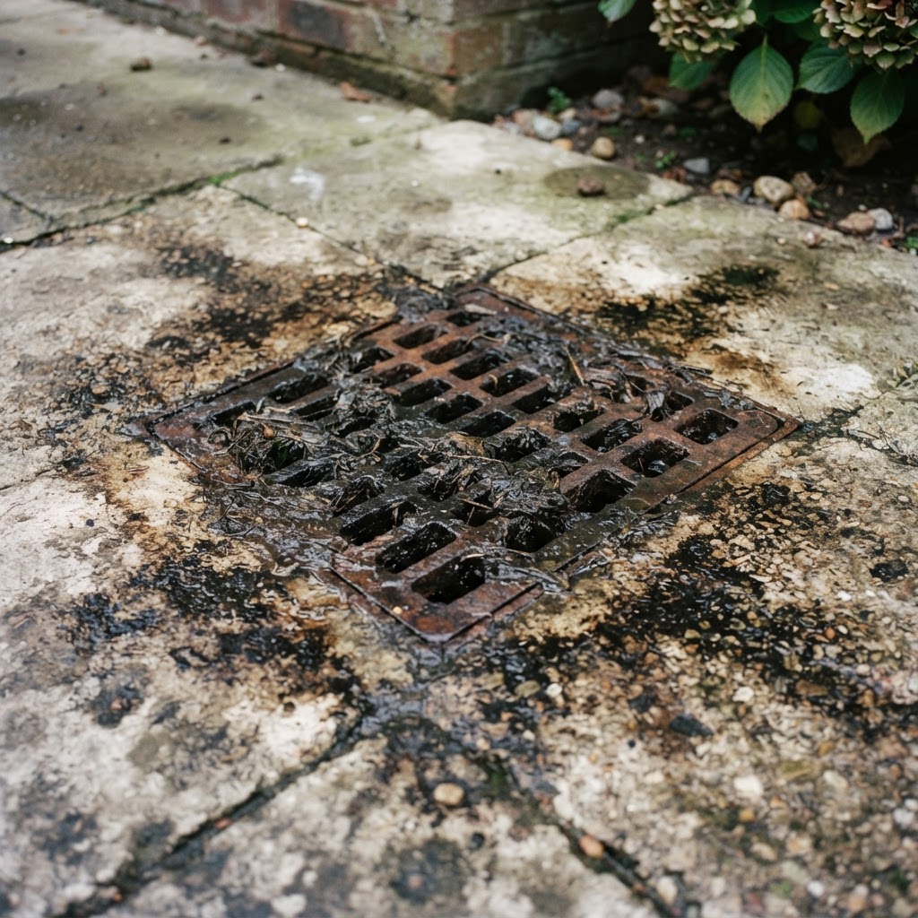 Drain grate with dark sewage residue