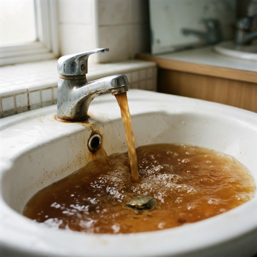Basin filling with rusty discoloured water
