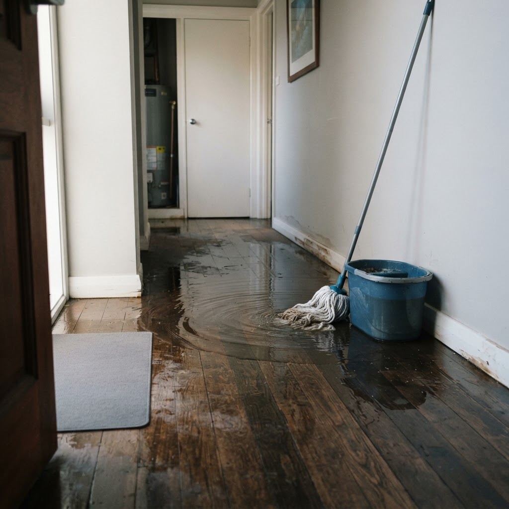 Water spreading across an interior floor