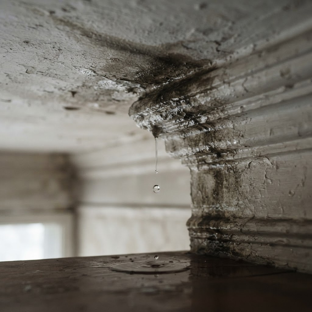 Water droplet falling from a ceiling during rain