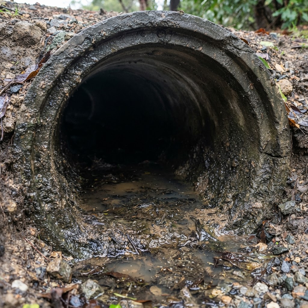 Stormwater pipe with standing water and sediment from poor fall