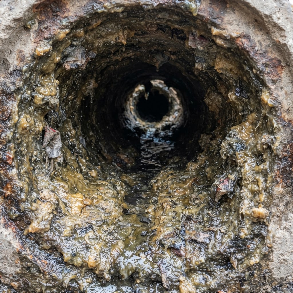 Grease and fat build-up coating the inside of a sewer pipe