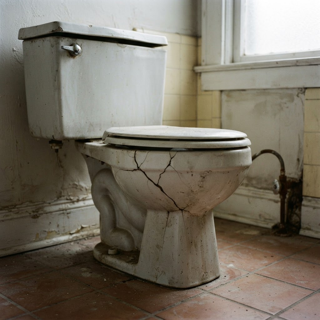 Old cracked toilet ready for replacement