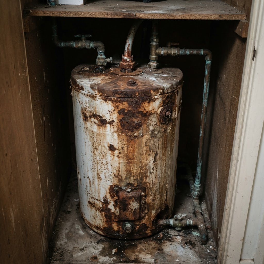 Old corroded electric hot water tank due for replacement