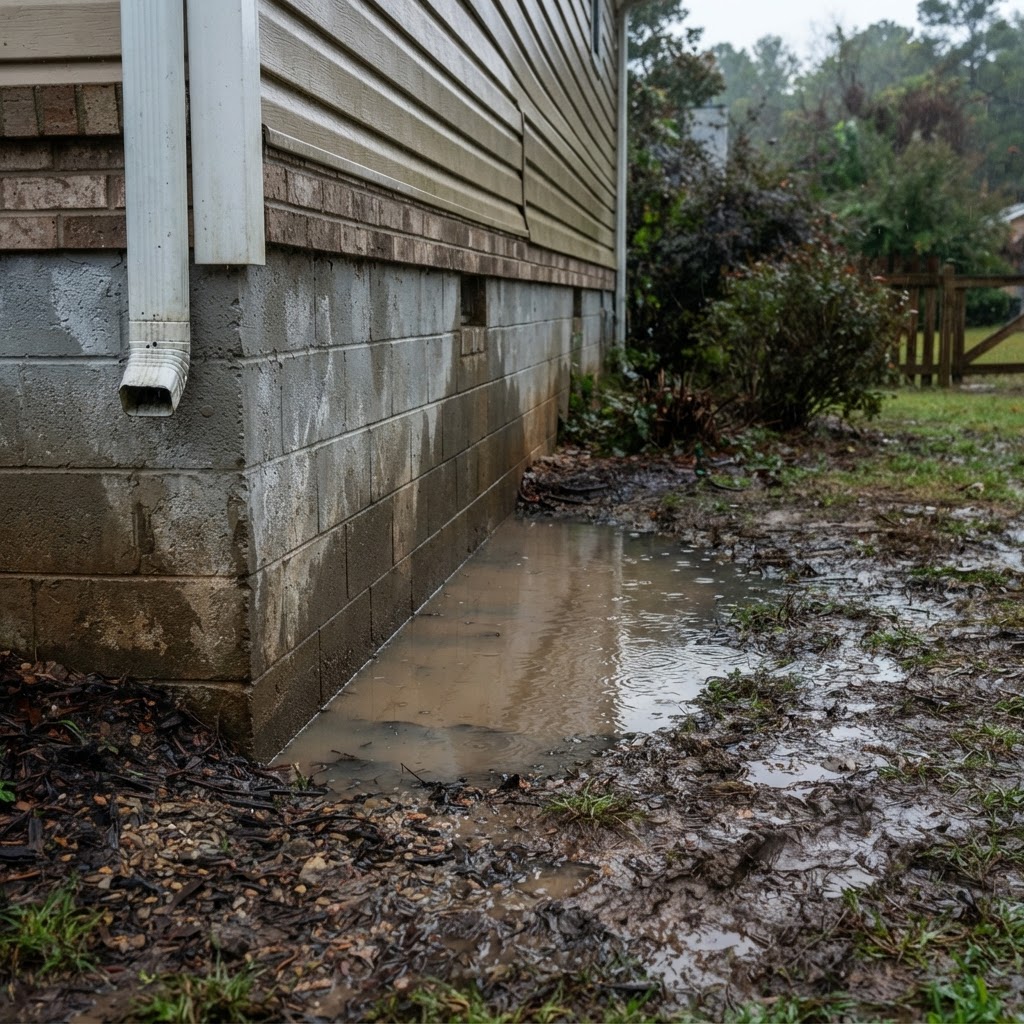 Water pooling against a house foundation wall