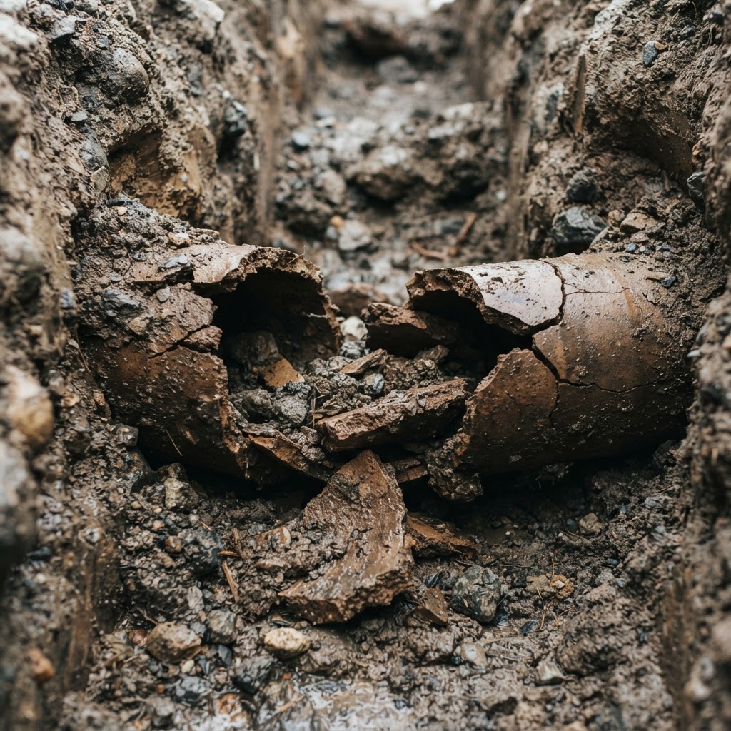 Collapsed and cracked old clay sewer pipe