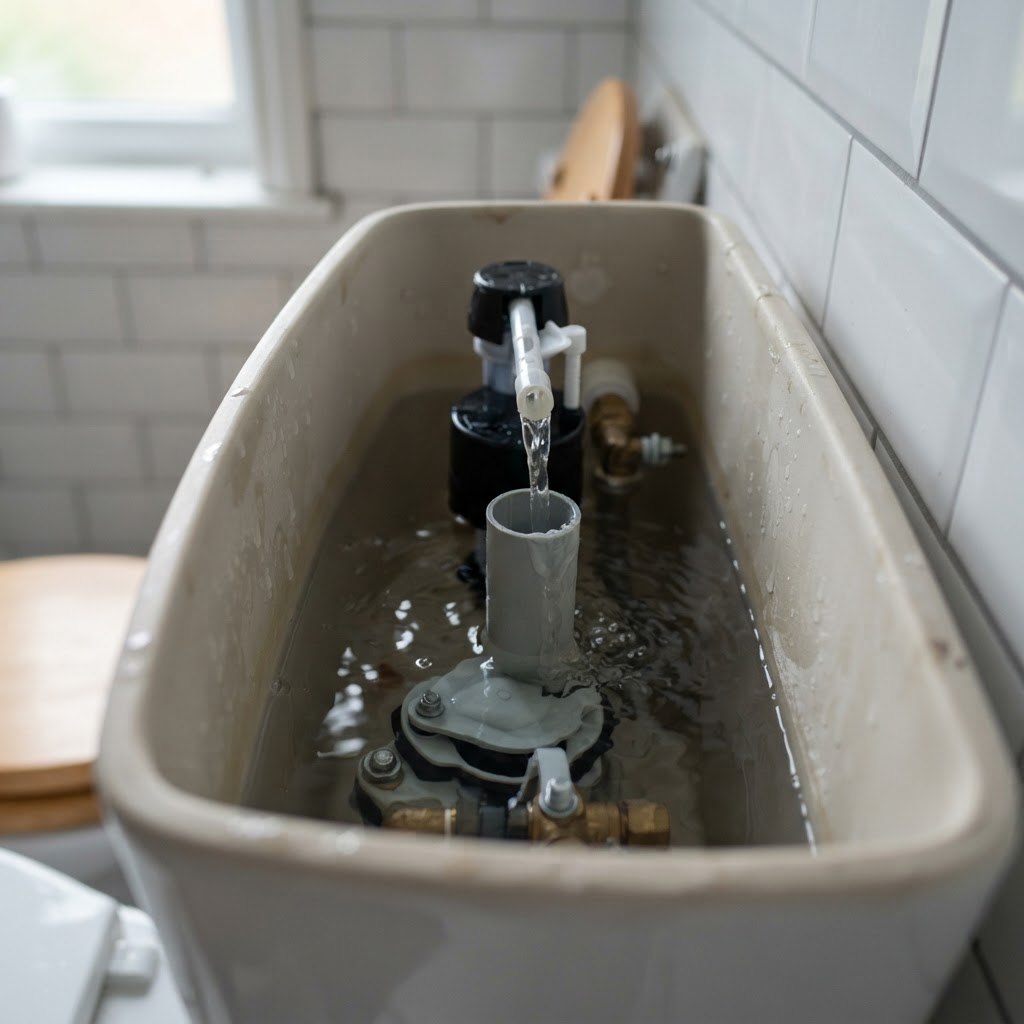 Toilet cistern with water running into the overflow