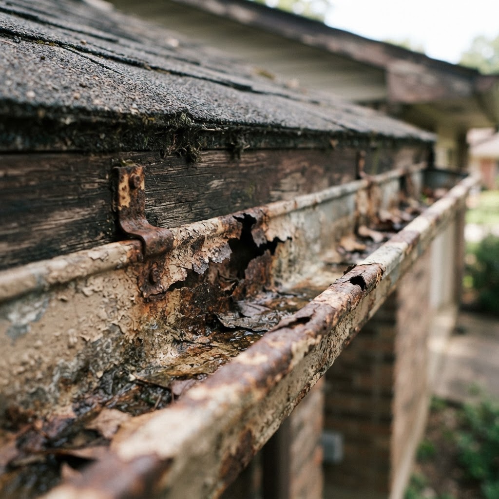 Rusty cracked metal gutter with corrosion holes