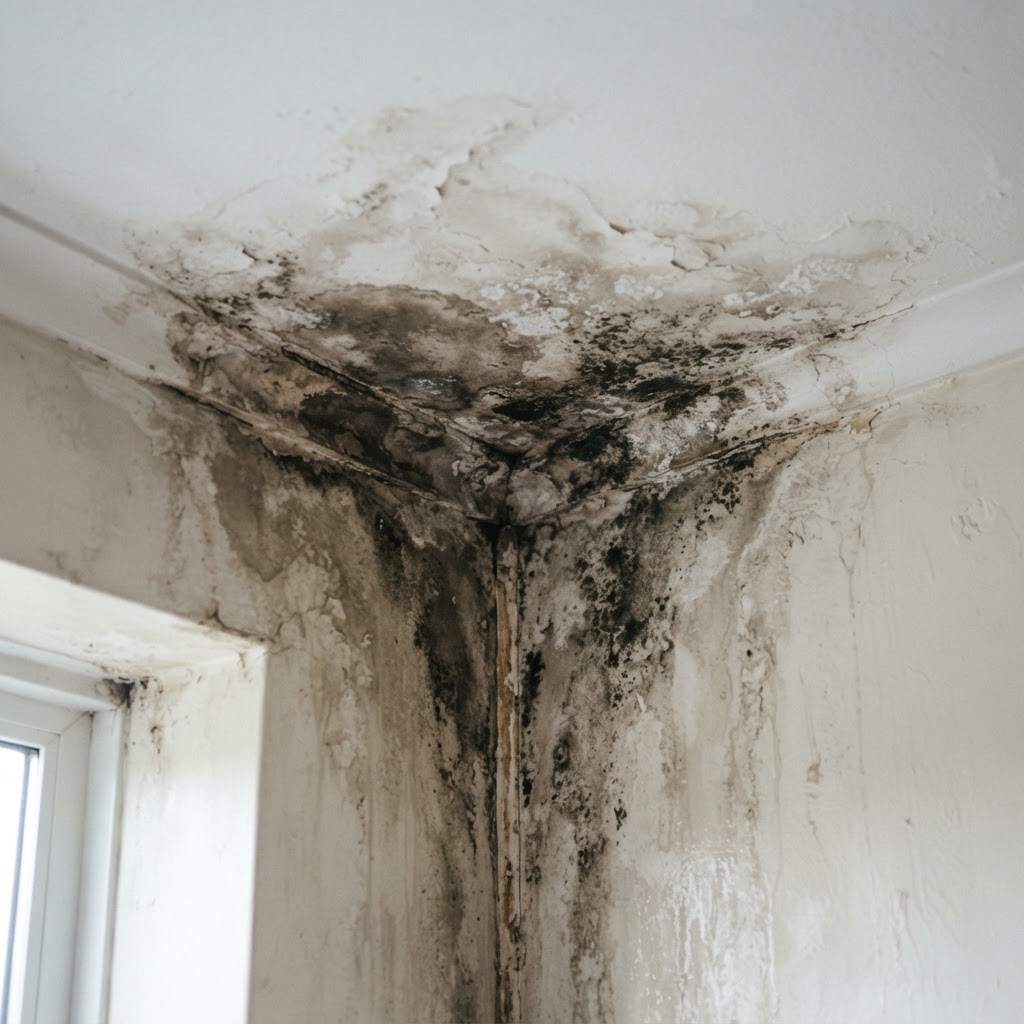 Mould and damp patches on a ceiling and wall