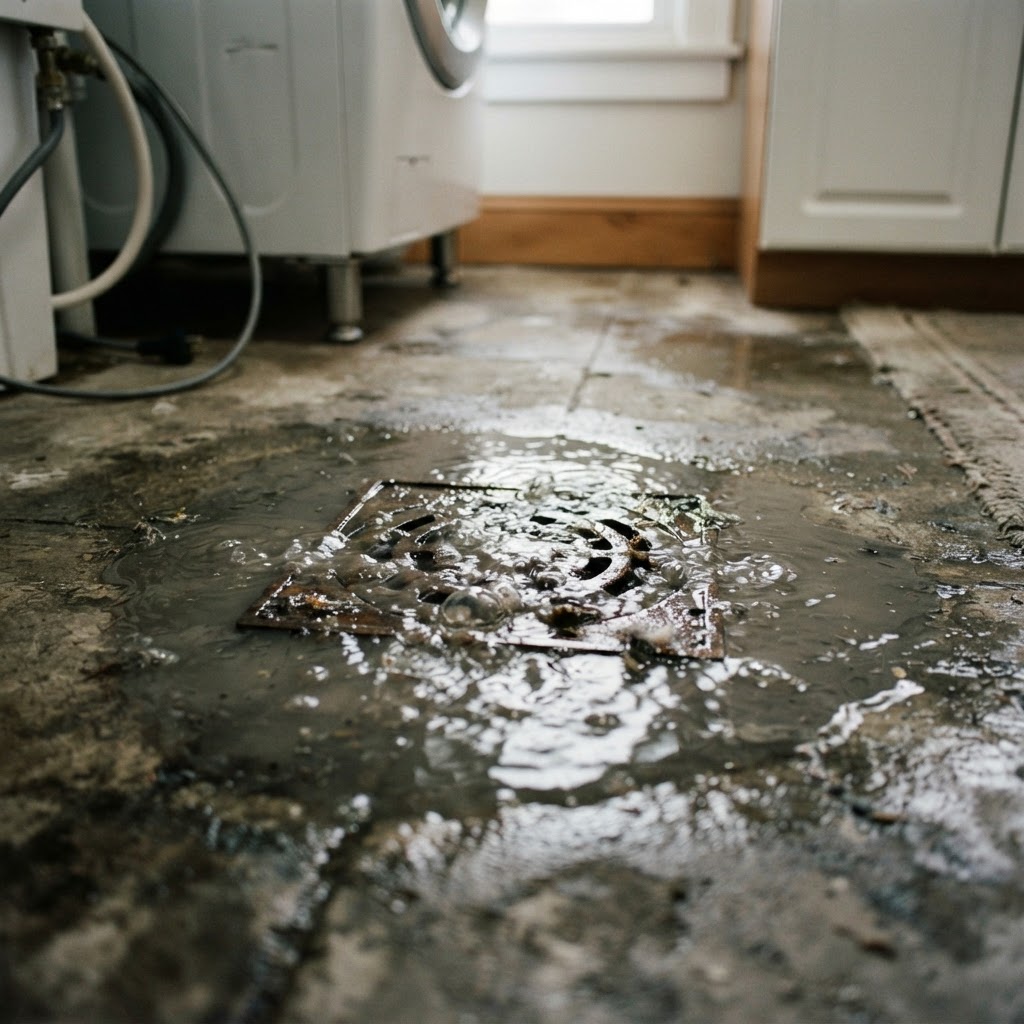 Floor drain overflowing with murky water