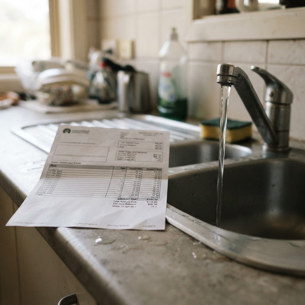 Water bill next to a running tap