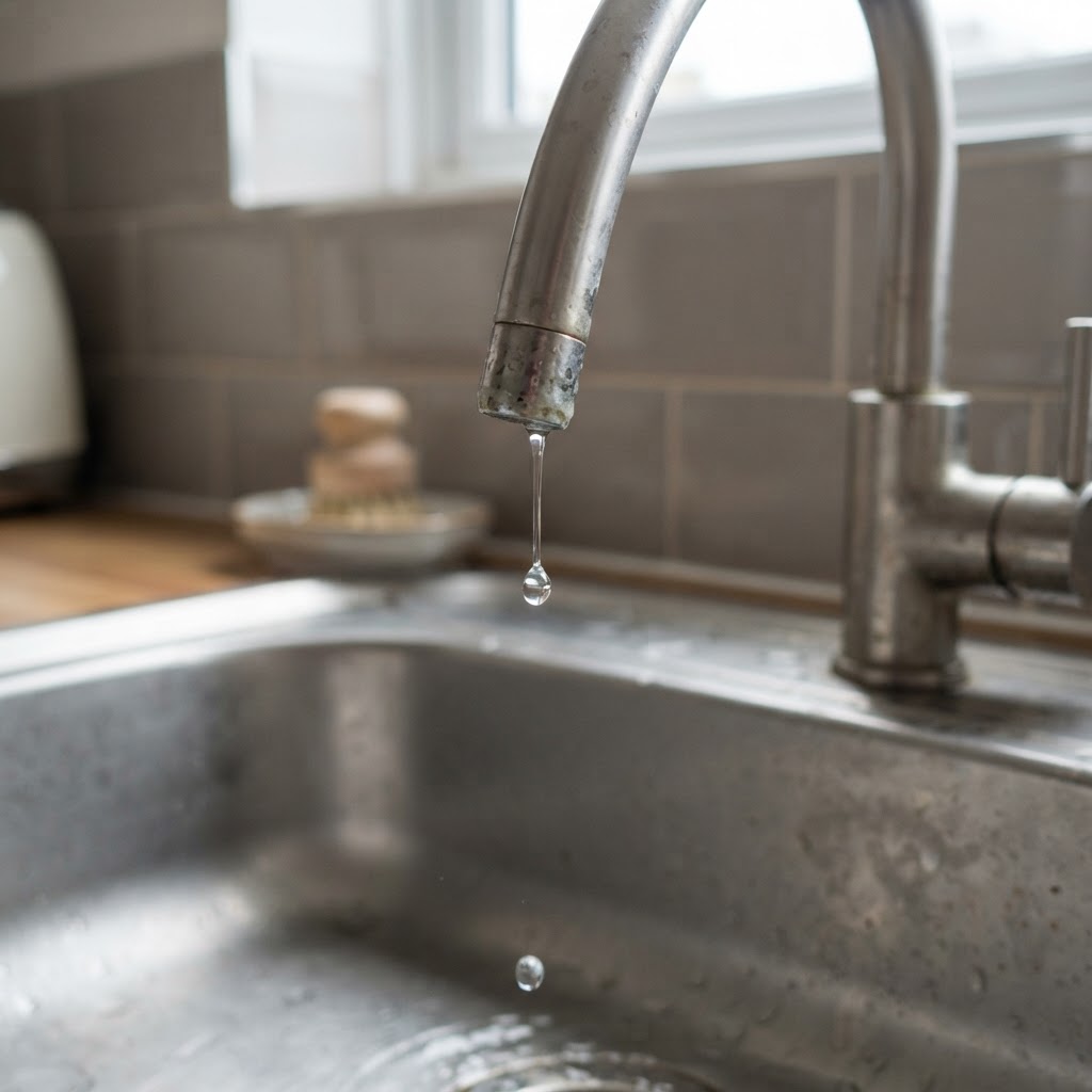 Dripping kitchen tap with a water droplet