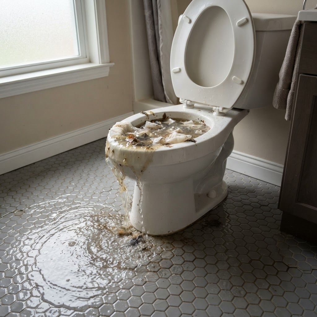 Toilet overflowing with water onto the floor