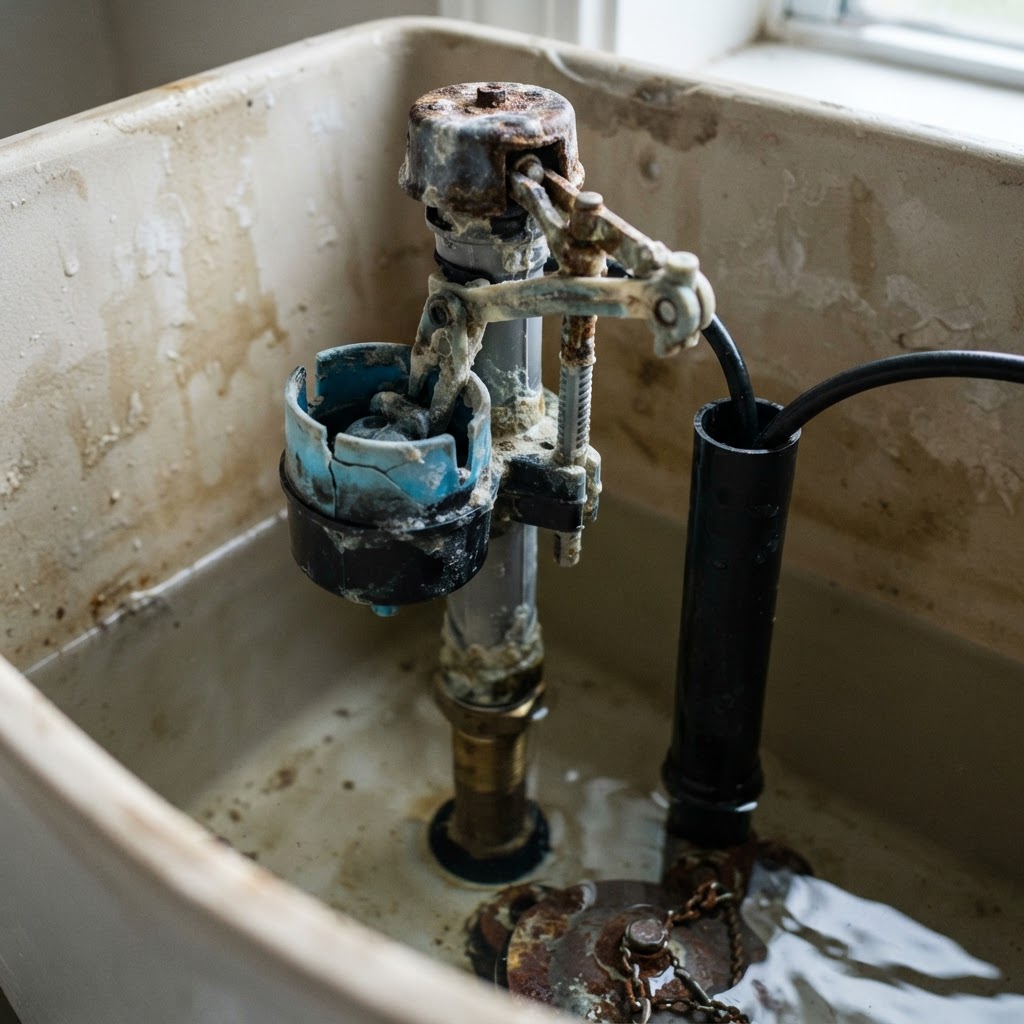Faulty toilet fill valve component with float