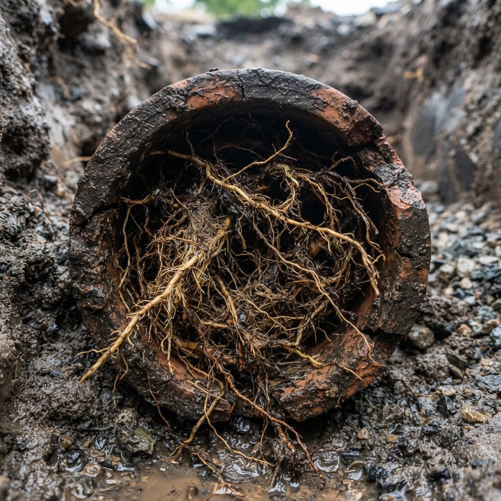 Tree roots grown inside a broken clay sewer pipe