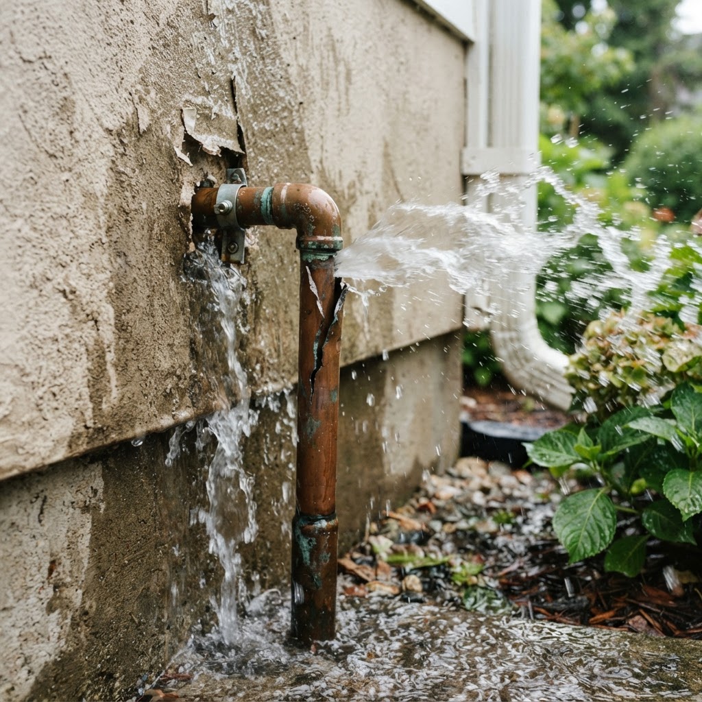 Burst copper pipe with water spraying