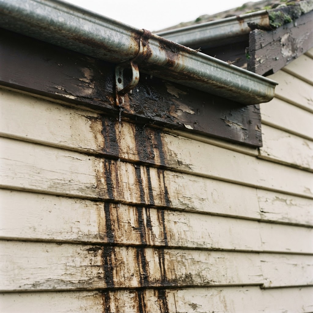 Dark water staining on an external wall and fascia