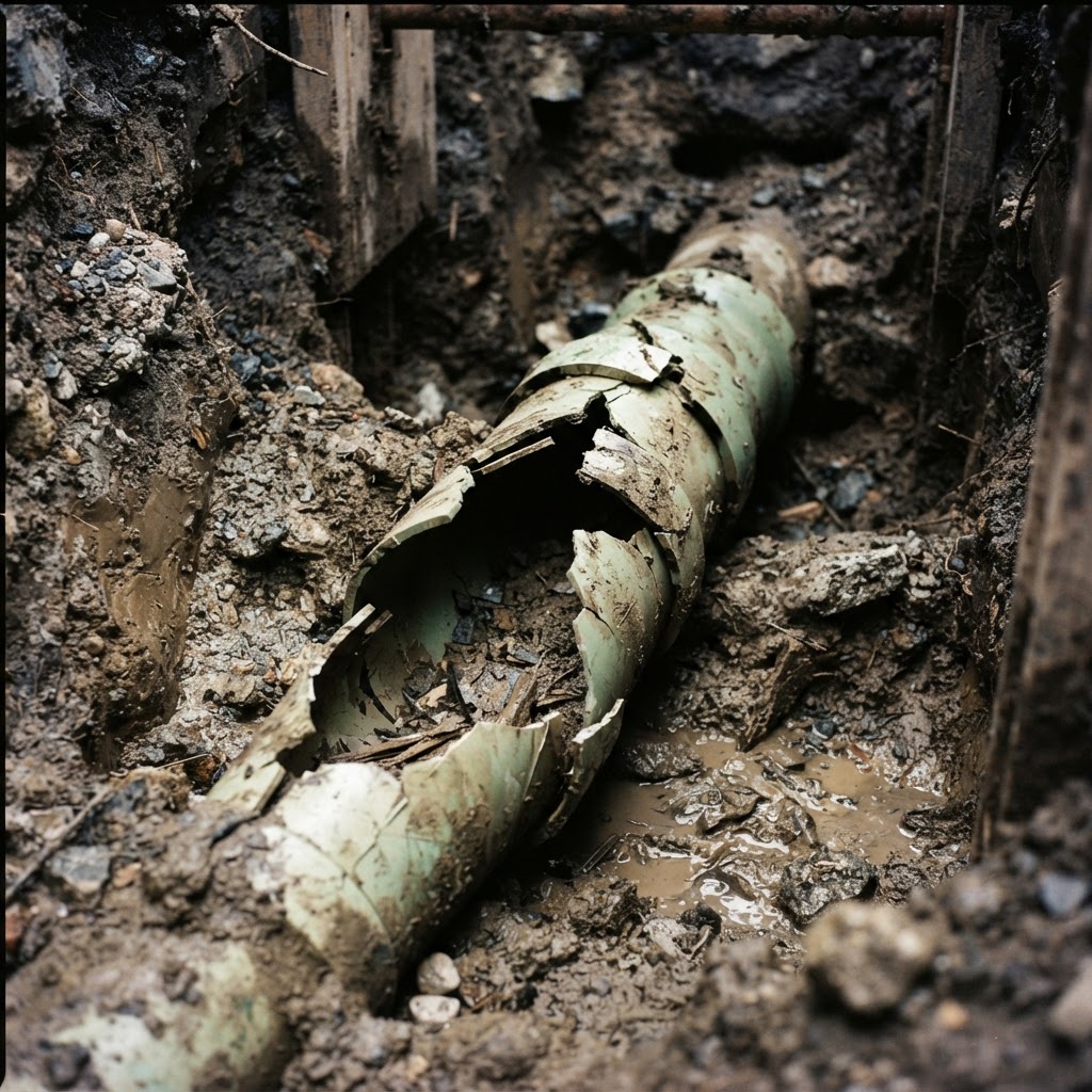Collapsed broken stormwater pipe in an excavation