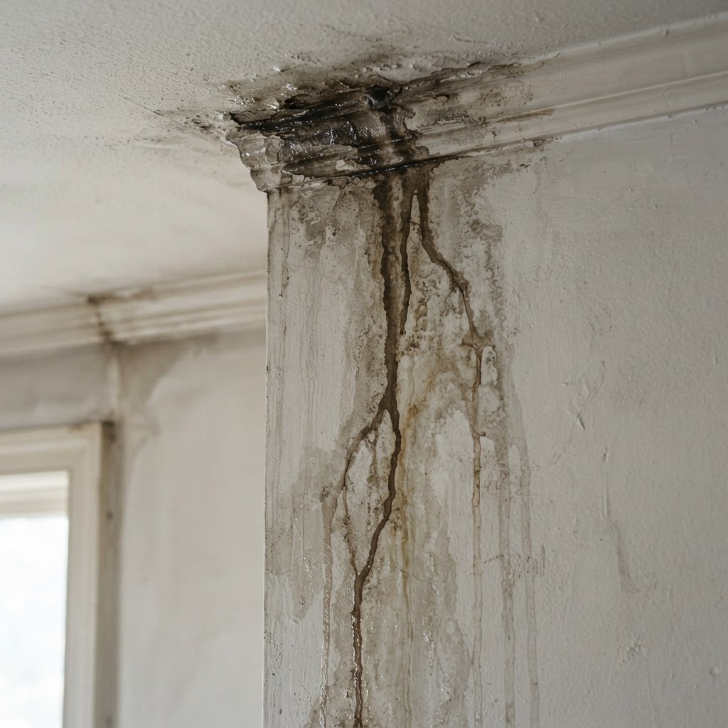 Water tracking and staining down an internal wall
