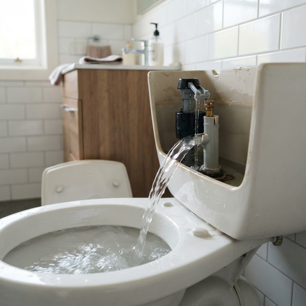 Toilet cistern with water running into the bowl