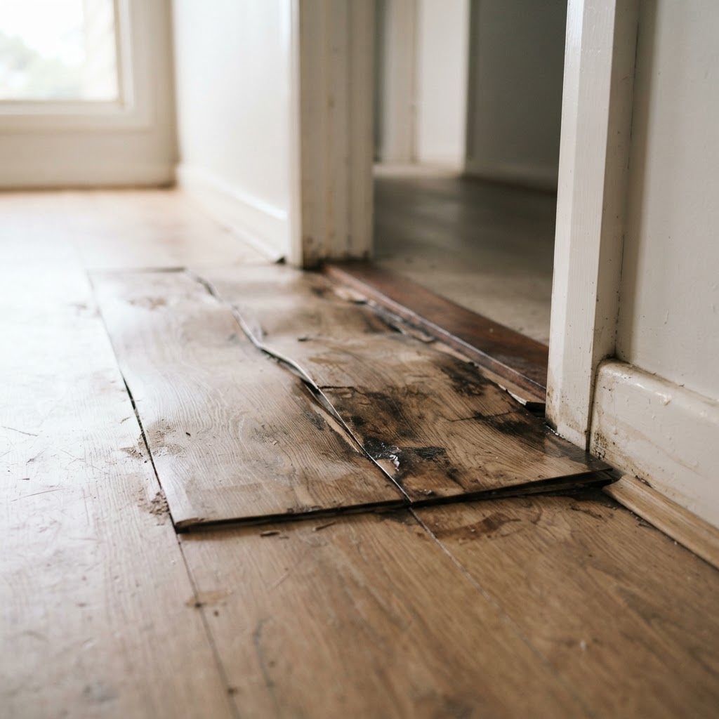 Water-damaged timber flooring from a blocked drain backing up inside a home