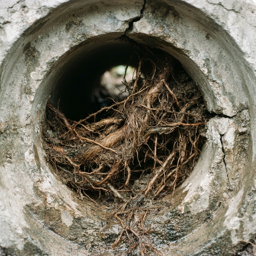 Tree roots intruding into a cracked stormwater pipe