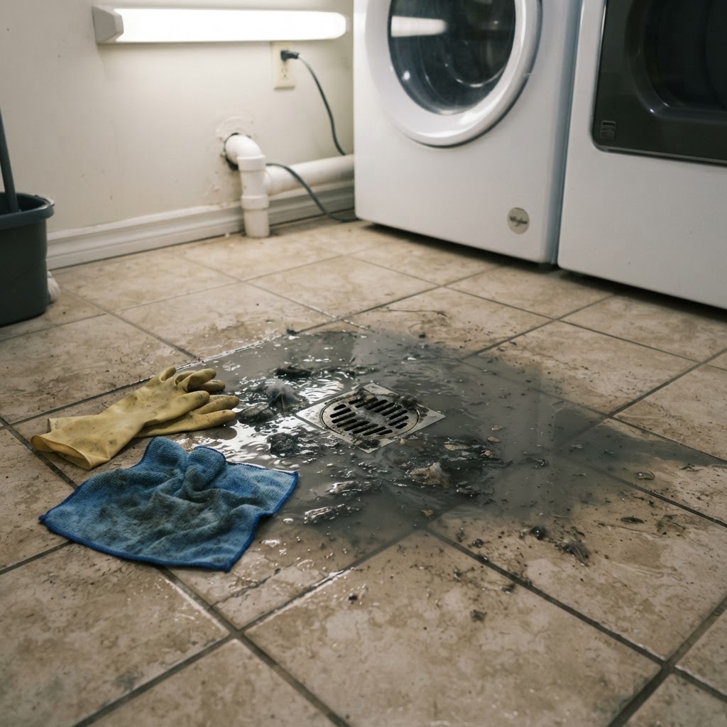 Sewage water backing up from a floor drain — health hazard