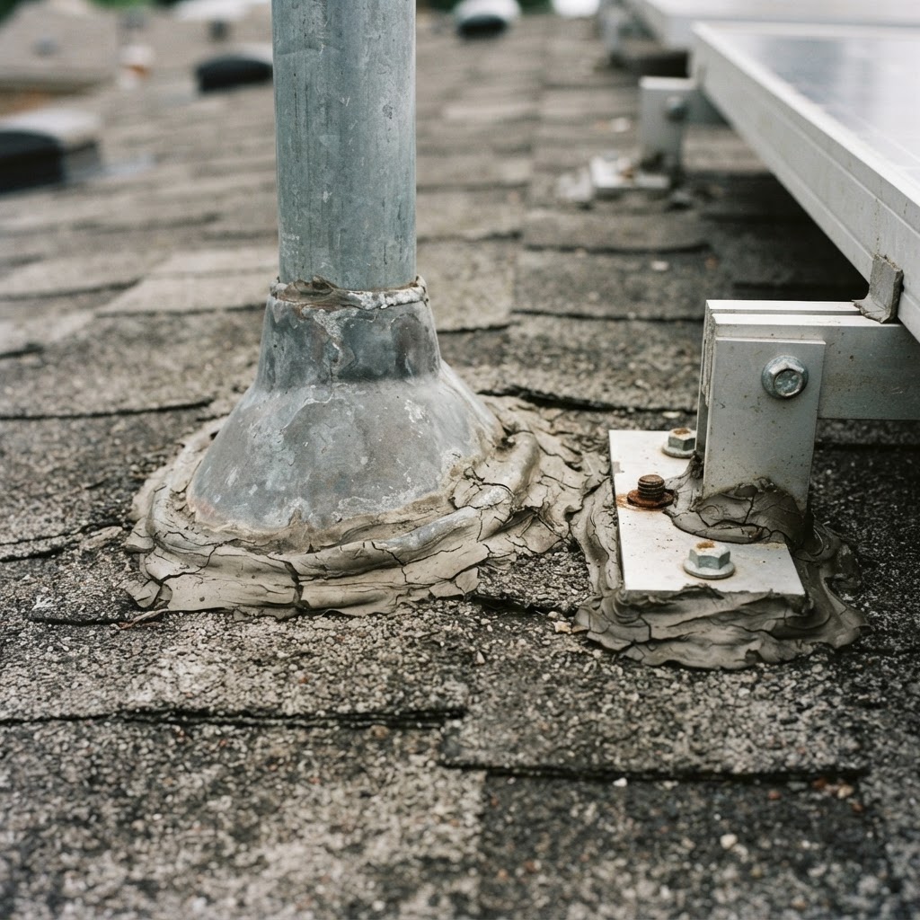 Roof penetration flashing around a vent and solar bracket