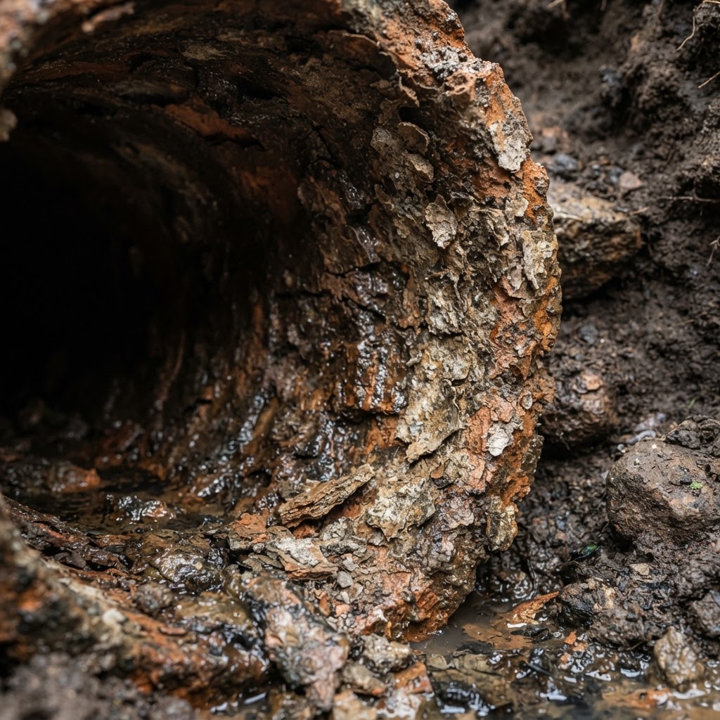 Old deteriorated crumbling clay sewer pipe