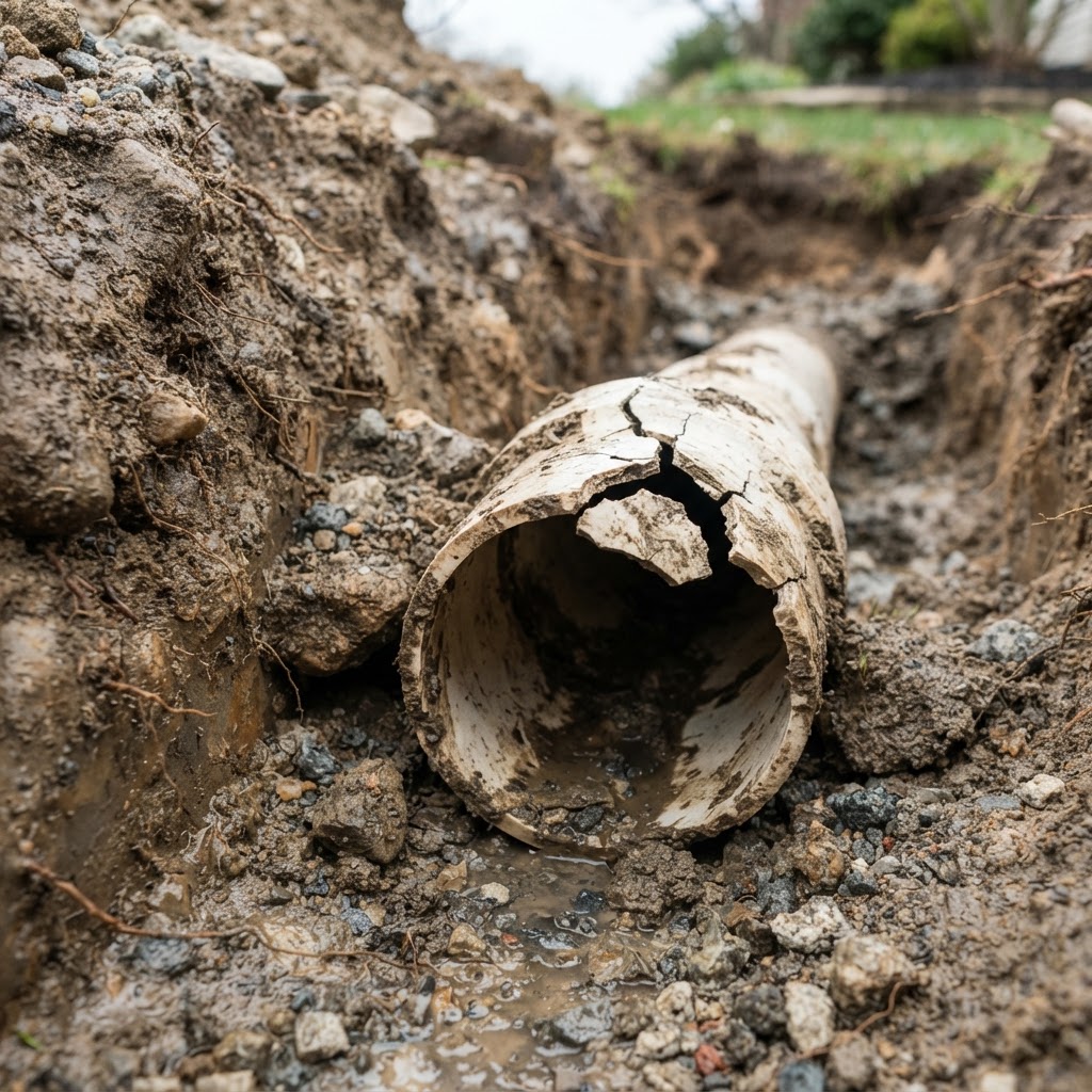 Broken cracked stormwater pipe in a trench