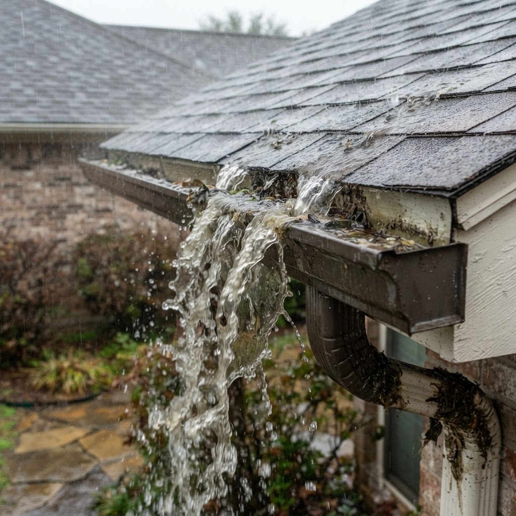 Water overflowing a roof gutter during rain