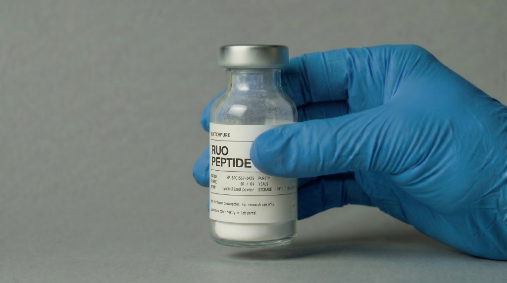 Hands examining a research peptide vial
